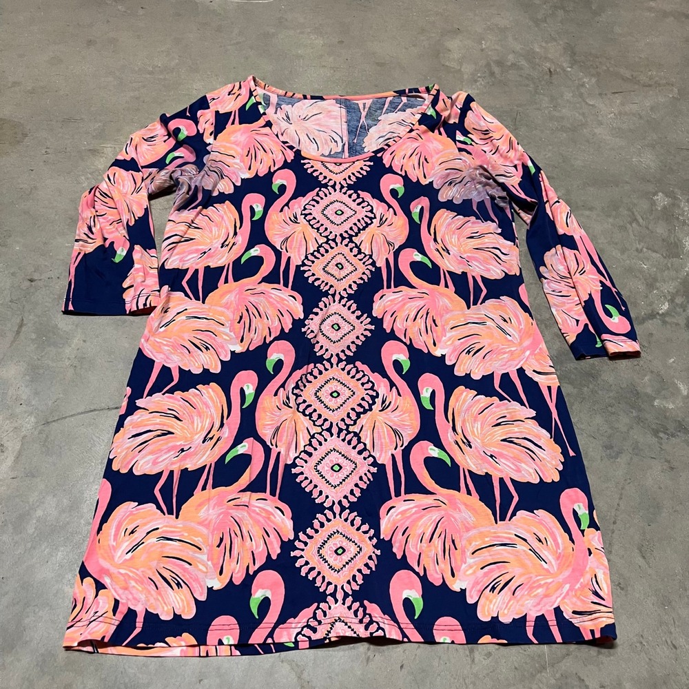 Lilly Pulitzer Flamingo Print Pima Cotton 3/4 Sleeve T-Shirt Dress Navy Pink XL